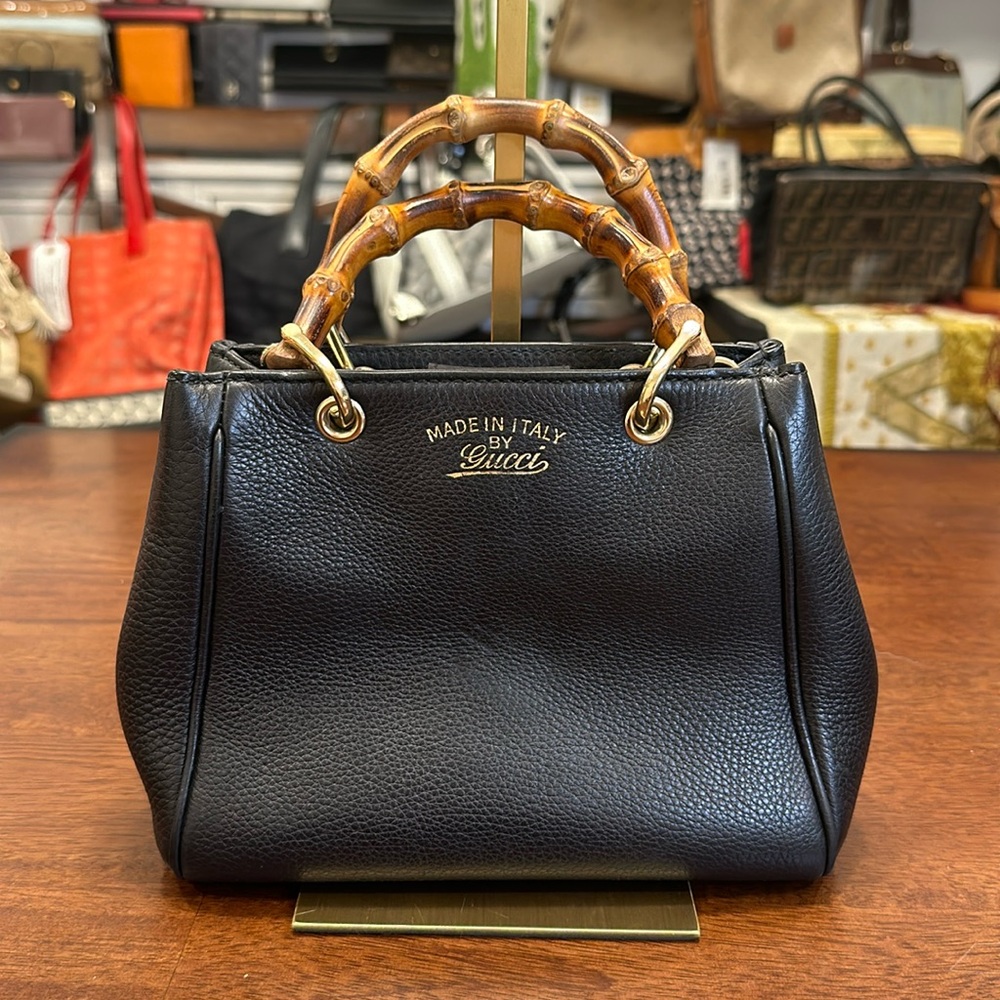 *Sold* Vintage black leather bamboo Gucci bag with dustbag
